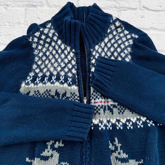 EDDIE BAUER Women's Fair Isle Reindeer Cardigan Zip Sweater Large Dark Blue - Picture 2 of 9